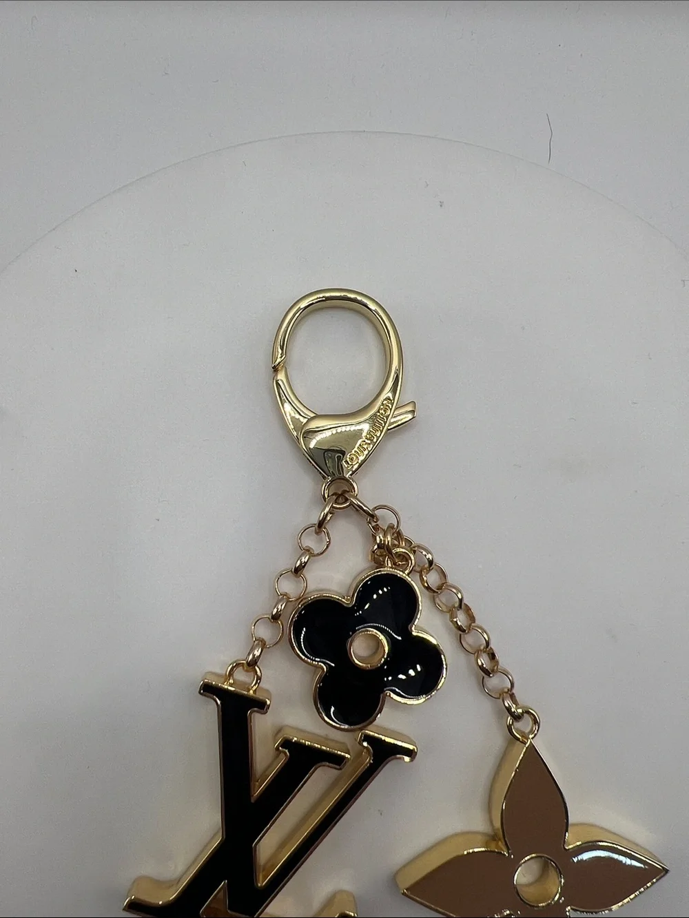 1400. Black & Tan Enamel Charm Bag Chain with Gold Hardware